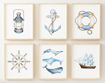 Set of 6 Baby Boy Nautical Nursery Wall Art Printable, Sailboat Watercolor Nursery Print, Beach House Decor, Nautical Nursery Wall Decor