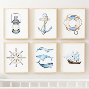 Set von 6 Baby Boy nautische Kinderzimmer Wand Kunst druckbare, Segelboot Aquarell Kindergarten Druck, Strand Haus Dekor, nautische Kinderzimmer Wand-Dekor