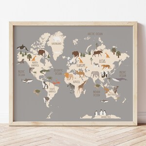 Animal World Map, Safari Map, Continents, Kids Wall Art, Nursery Decor, Playroom Art, Kids World Map, Animal Countries, Educational Map,