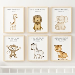 Set of 6 Kid&#39;s Bible Verse Prints, Safari Animal Prints, Christian Wall Decor, Baby Nursery Wall Art, Nursery Animal Print, Kids Room Decor,