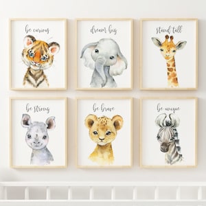 Set of 6 Safari Animal Prints, Nursery Wall Decor, Watercolor Jungle Animals, Baby Shower Gift, Elephant, Lion, Giraffe, Digital Download,