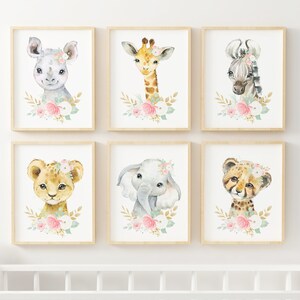 Set of 6 Watercolor Floral Safari Animal Baby Girl Nursery Wall Decor, Pink Gold Mint Nursery Safari Animal Printables Elephant Lion Giraffe