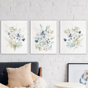 Set of 3 Blue Wildflower Bouquets, Watercolor Floral Wall Art, Wildflower Prints, Blue Floral Prints, Bedroom Wall Decor, Living Room Art,