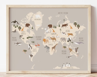 Animal World Map, Kids Wall Art, Nursery Decor, Playroom Art, Kids World Map, World Map Illustration, Animal Countries Educational World Map