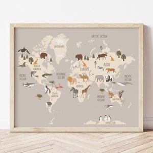Tiere Weltkarte, Kinder Wandkunst, Kinderzimmer Dekor, Spielzimmer Kunst, Kinder Weltkarte, Weltkarte Illustration, Tier Länder pädagogische Weltkarte