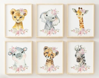 6 Baby Girl Watercolor Floral Safari Animal Nursery Wall Decor, Blush Pink Nursery Safari Animal Printables, Elephant Girl Room Wall Art