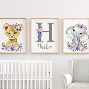 Personalized Initial Baby Print, Safari Nursery Prints, Baby Girl Nursery, Lavender Pink Watercolor Floral, Animal Nursery Wall Decor, Lion,