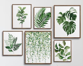 Set of 6 Watercolor Botanical Prints, Foliage Prints, Botanical Print Set, Plant Posters, Greenery Prints, Leaf Prints, Living Room Decor,