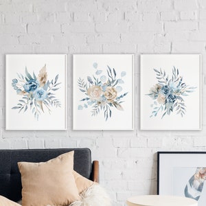 Set of 3 Blue Watercolor Floral Bouquets, Blue Floral Prints, Floral Living Room Wall Art, Bedroom Wall Decor, Flower Bouquets, Wall Decor,