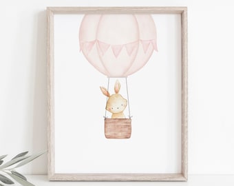 Blush Pink Hot Air Balloon Nursery Print, Bunny Print, Nursery Wall Art, Adventure, Baby Girl Nursery Decor, Baby Shower Gift, New Mom Gift,