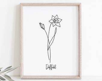 Black and White Birth Flower Print, Line Art Drawing, Daffodil, Living Room Decor, Minimal Decor, Home Decor, Modern Art, Modern Prints,