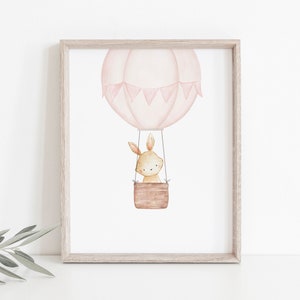 Blush Pink Hot Air Balloon Nursery Print, Bunny Print, Nursery Wall Art, Adventure, Baby Girl Nursery Decor, Baby Shower Gift, New Mom Gift,