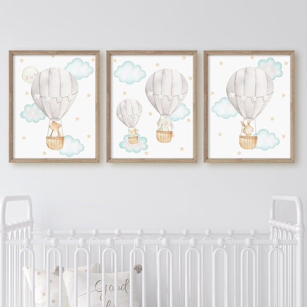 Hot Air Balloon Nursery Prints, Gender Neutral Nursery Wall Decor, Nursery Wall Art, Baby Boy Nursery Decor, Baby Shower Gift, New Mom Gift,