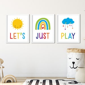 Let&#39;s Just Play Prints, Rainbow Print, Boy Girl Playroom Wall Art, Playroom Poster, set of 3 Playroom Sign, Kids Printables, Kids Room Print