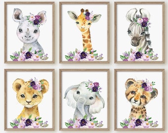 Watercolor Floral Safari Animal Baby Girl Nursery Wall Decor, Purple Lavender Floral Nursery Prints, Girl Room Wall Art, Nursery Decor,