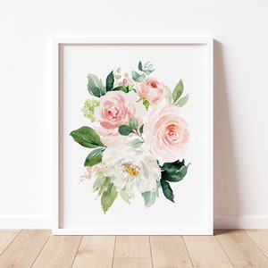 Puede incluir: Una pintura de acuarela de un ramo de rosas rosas y blancas con hojas verdes. Las flores est&aacute;n dispuestas en un estilo suelto y natural.