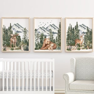 Estampados de animales del bosque, Impresiones de guardería infantil de bosque para niños, Imprimibles de animales del bosque, Impresiones de montaña, Arte de pared infantil, Decoración de guardería infantil de bosque,