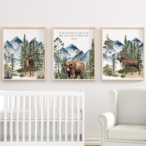 Set of 3 Woodland Animal Prints, Boy Woodland Nursery Prints, Mountain Prints, Nursery Wall Art, Woodland Nursery Decor, Printable Wall Art,