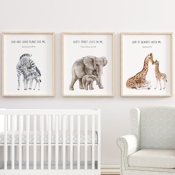 Kid's Bible Verses, Nursery Safari Animal Prints, Wildlife Prints, Nursery Wall Art, Jungle Animals, Nursery Wall Decor, Baby Shower Gift,