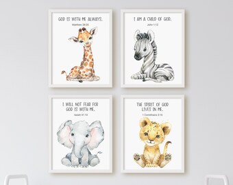Kid's Bible Verses Prints, Baby Boy Nursery Wall Art, Christian Nursery Decor, Boys Room Decor, Nursery Animal Print, Safari Animal Prints,