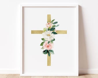 Gold Cross with Blush Floral Print, Christian wall prints, Spiritual Art Print, Housewarming Gift, Religious Decor, Watercolor Floral, Pink,