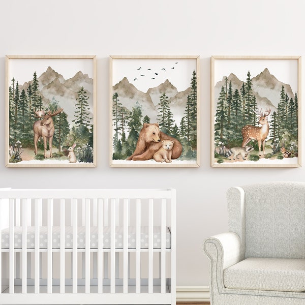 Woodland Animal Prints, Boy Woodland Nursery Prints, Forest Animals Printables, Mountain Prints, Nursery Wall Art, Woodland Nursery Decor,