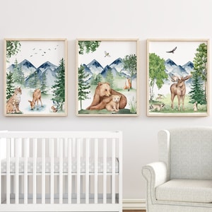 Waldtiere Drucke, Junge Kinderzimmer Drucke, Berge Drucke, Kinderzimmer Wandkunst, Wald Kinderzimmer Dekor, druckbare Wandkunst, 3er Set