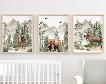 Set van 3 bosdierenprints, jongen boskwekerij prints, bergprints, kinderkamer kunst aan de muur, bosrijke kinderkamer decor, afdrukbare muurkunst,