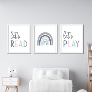 Let's Play Let's Read Prints, Rainbow Print, Girl Boy Playroom Wall Art, Playroom Poster, Playroom Signs, Kids Room Decor, Pastel Colors,