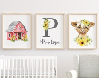 Personalized Baby Name Print, Monogram Letter, Farm Sunflowers Nursery Prints, Farmhouse Nursery, Baby Girl Nursery Art, Nursery Wall Decor,