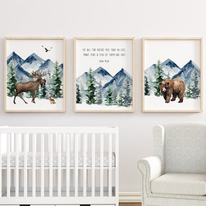 John Muir Quote Of All The Paths Woodland Nursery Prints, Boy Woodland Nursery Wall Art, Evergreen Trees, Bear Moose, Nursery Wall Decor,