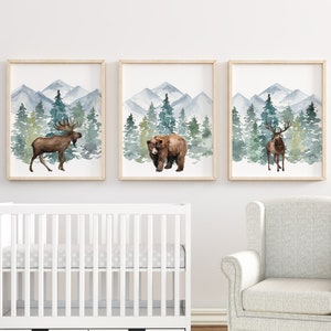 Boy Woodland Nursery Prints, Woodland Animal Prints, Mountain Prints, Nursery Wall Art, Woodland Nursery Decor, Bear, Deer, DIGITAL DOWNLOAD