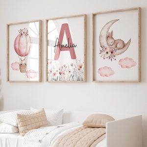 Custom Wildflowers Bunny Prints, Floral nursery Wall Art, Boho Baby Girl Nursery Wall Art, Watercolor Flowers, Personalized Name Initial,