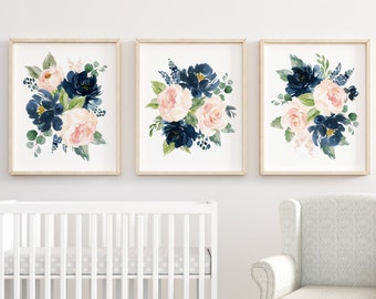 Blush Navy Floral Printable Nursery Prints, Pink Blue Girls Nursery Decor, Floral Wall Art, Nursery Art, Flowers, Bouquets, Digital Download