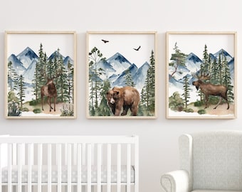 Set of 3 Woodland Animal Prints, Boy Woodland Nursery Prints, Mountain Prints, Nursery Wall Art, Woodland Nursery Decor, Printable Wall Art,