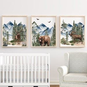 Set of 3 Woodland Animal Prints, Boy Woodland Nursery Prints, Mountain Prints, Nursery Wall Art, Woodland Nursery Decor, Printable Wall Art,