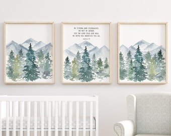 Be Strong and Courageous, Joshua 1:9, Christian Nursery Decor, Kids Bible Verse Wall Art, Scripture Print, Boy Woodland Nursery Prints,