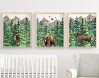 Set of 3 Woodland Nursery Prints, Animal Prints, Mountains, Evergreen Trees, Boy Wall Art, Nursery Decor, Boy Woodland Nursery Wall Art,
