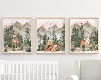 Girl Woodland Animal Prints, Woodland Nursery Prints, Forest Animals Printables, Mountain Prints, Nursery Wall Art, Woodland Nursery Decor,