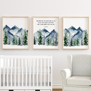 Kid&#39;s Bible Verses Woodland Nursery Prints, Micah 6:8, Wildlife Prints, Mountains, Trees, Nursery Decor, Boy Woodland Nursery Wall Art,