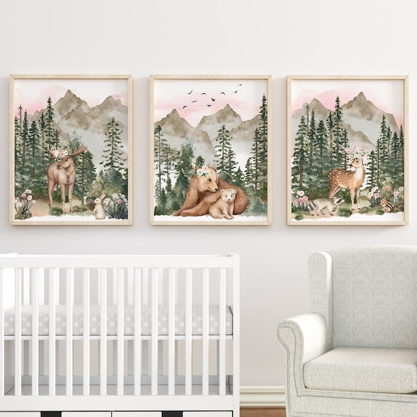 Girl Woodland Animal Prints, Woodland Nursery Prints, Forest Animals Printables, Mountain Prints, Nursery Wall Art, Woodland Nursery Decor,