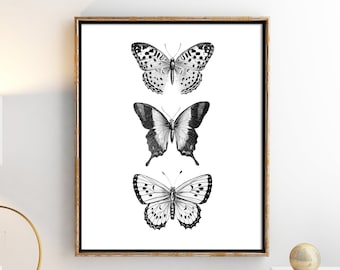 Vlinderprint, monochrome kunstprints, minimalistisch huis, zwart-witte muurkunst, monochroom decor, vlinders afdrukbaar, modern decor,