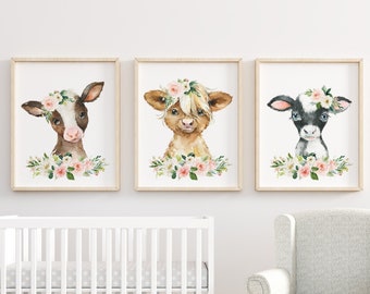 Cow Prints, Baby Girl Nursery Prints, Farm Nursery, Watercolor Blush Floral, Farm Animal Girl Nursery Wall Art, Nursery Decor, Baby Gift,