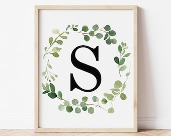 Letter S Eucalyptus Wreath Print, First Initial, Monogram, Nursery Wall Decor, Watercolor Eucalyptus Nursery Wall Art, Digital Download
