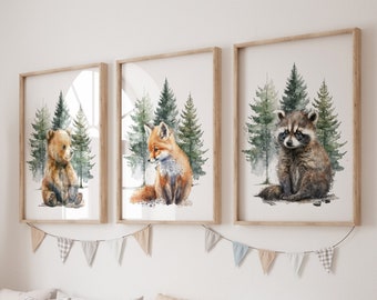 3 Nursery Woodland Animal Prints, Nursery Wall Decor, Baby Shower Gift, Nursery Art, Forest Animals, Watercolor Animals, Bear Fox Raccoon,