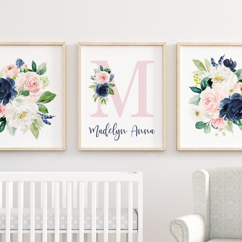 Navy Blush Floral Baby Name Printable Nursery Art Pink Blue Etsy