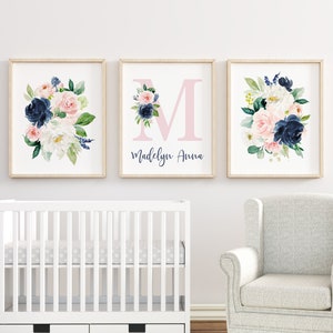 Personalized Baby Name Print, Monogram Letter, Blush Pink Navy Floral Prints, Baby Girl Nursery, Nursery Wall Decor, Baby Gift, Baby Shower,