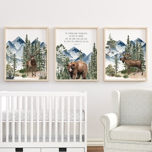 Set of 3 Nursery Bible Verse, Be Strong and Courageous, Joshua 1:9, Boy Woodland Nursery Prints, Kids Room Decor, Baby Boy Nursery Decor,