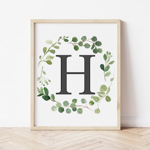Carta H Eucalyptus Wreath Impresión, Primera Inicial, Monograma, Decoración de la pared del vivero, Acuarela Eucalipto vivero pared arte, Descarga digital,