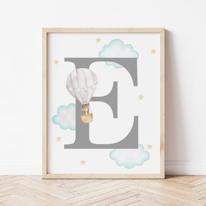 Primera impresión inicial personalizada, carta de monograma, impresiones de globos aerostáticos grises, guardería para niños, decoración de la pared de la guardería, regalo para bebés, baby shower,